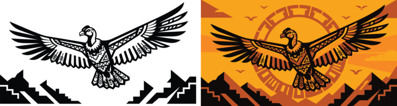 Stylized majestic Andean condor bird soaring above geometric mountains featuring traditional indigenous tribal motifs and ethnic cultural design styles for projects.