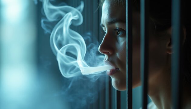 Person exhales smoke from mouth behind jail bars. Smoke forms ethereal clouds symbolizing addiction. Trapped mind unable to quit bad habit. Substance abuse struggle.