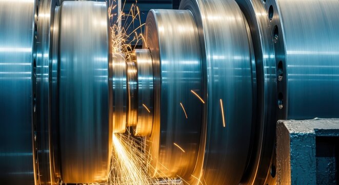 Dynamic close-up of heavy duty steel machinery rotating quickly during an industrial manufacturing process creating sparks and motion blur, powerful, mechanical, manufacturing
