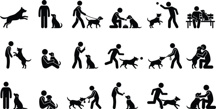 Dog Owner and Pet Interaction Silhouette Collection Featuring Training Walking Playing and Companion Care Activities