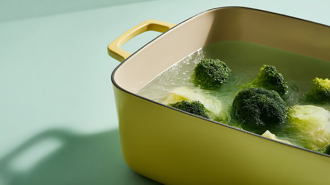 Fresh green broccoli florets simmer in hot clear water inside a vibrant yellow pot, preparing a healthy meal on a light blue background