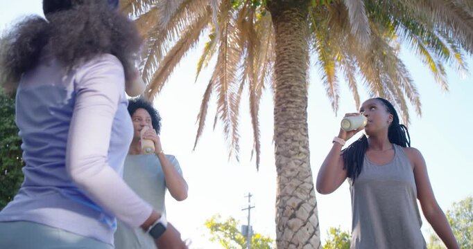 African American friends reacting to legs entering by palm tree, greeting, sipping reusable bottles