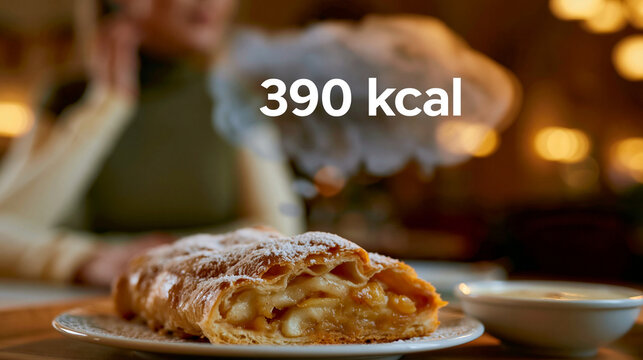 Frau blickt nachdenklich mit einem Geb&auml;ckst&uuml;ck, w&auml;hrend die Kalorienanzahl von 390 kcal eingeblendet ist.