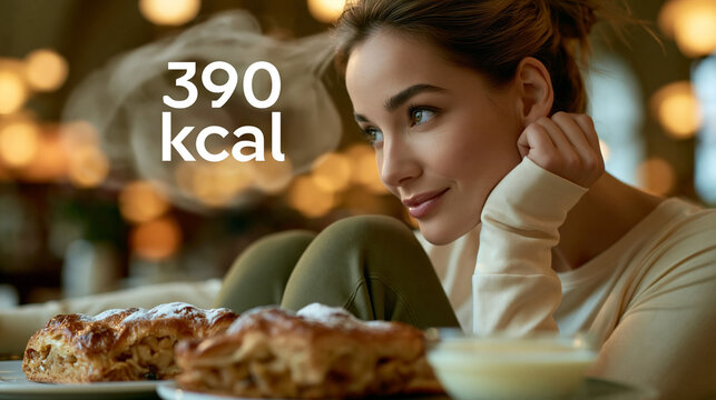 Frau blickt nachdenklich mit einem Geb&auml;ckst&uuml;ck, w&auml;hrend die Kalorienanzahl von 390 kcal eingeblendet ist.