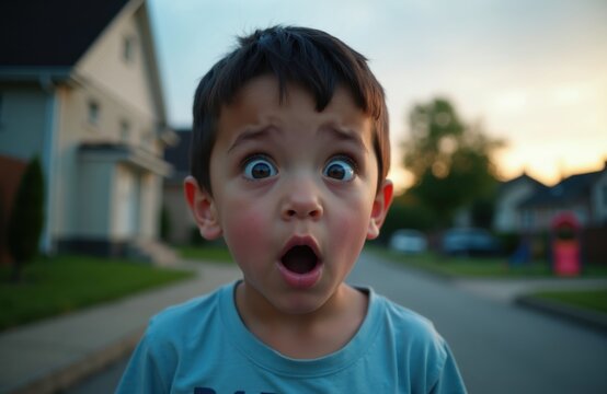 Young boy with wide eyes and open mouth shows shock or surprise. He stands on a suburban street in front of houses during golden hour light. His expression captures sudden realization or disbelief.