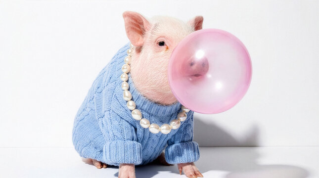 Fashionable piglet in blue sweater and pearl necklace blowing bubble gum