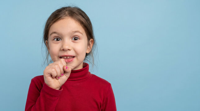 Young Girl Biting Fingernail with Missing Tooth on Blue Background