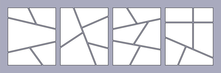 Set blank of comics book page, grid manga comic layout, Anime comic page panels isolated on white background, Blank page frame for comic book, photo collage, poster, flyer vector illustration. © Shibu