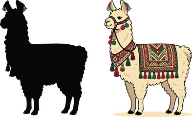 Naklejka premium Fluffy alpaca llama wearing a traditional colorful decorative peruvian harness and blanket standing beside a solid black silhouette shape for side by side viewing.