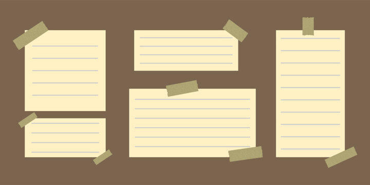 Torn yellow sticky note vector illustration set. set of taped sticky notes and memo papers with lined textures. 