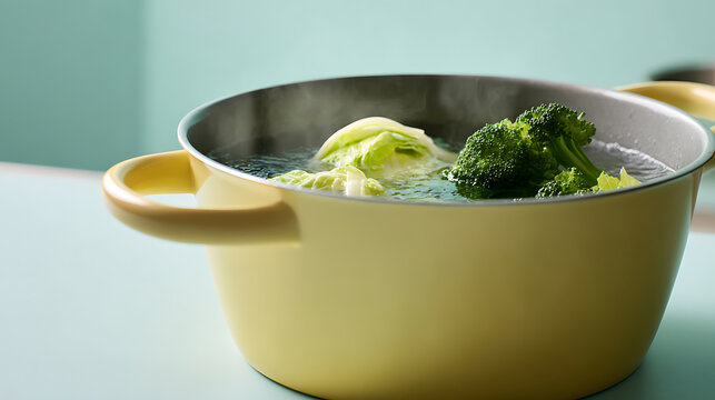 Fresh green vegetables, including crisp cabbage and vibrant broccoli, simmer in a yellow pot, creating steam in a bright kitchen
