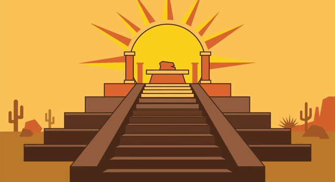 Ancient stone temple monument and altar with steep stairs leading to a glowing bright golden sun radiating beams over a vast desert landscape with cactus plants.