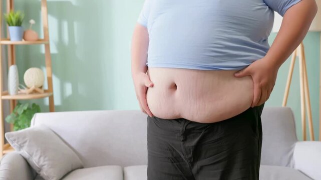 Overweight Man Squeezing Excess Belly Fat at Home