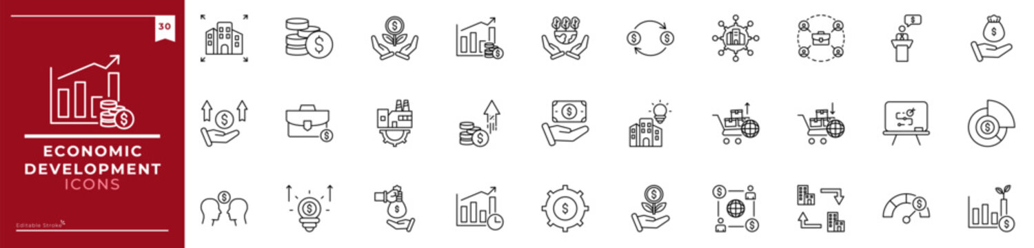 Economic Development, Outline icons collection. Simple vector illustration. strategy, finance, tax, trade, growth, accounting, debt, employment and more