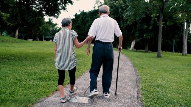 Elderly Couple Walking Together in Green Park with Walking Cane