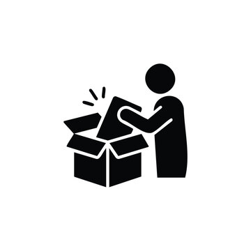 Person unpacking a box for home delivery or retail logistics icon style.