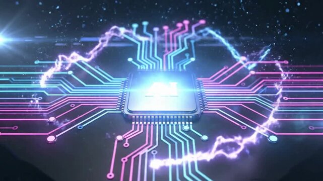 Futuristic AI processor with electric energy waves and glowing neon circuitry, advanced quantum computing technology animation, cyber network innovation background