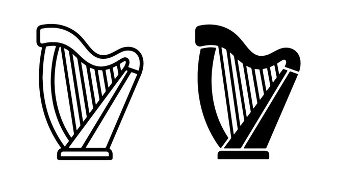 Irish Harp Icons, Celtic Music Symbol, Traditional String Instrument Vector Graphics