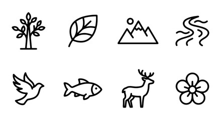Obraz premium Nature Icons Set: Tree, Leaf, Mountains, River, Bird, Fish, Deer, Flower Vector Graphics