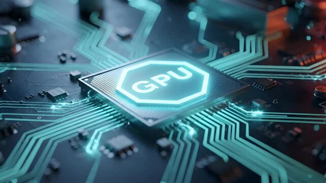 Advanced gpu processor animation for futuristic ai computing, glowing digital circuit background video, cyber graphics technology and smart data system concept