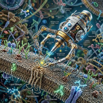 A highly detailed robotic nano-rover interacts with a cell membrane, showcasing its mechanical components and biological environment.