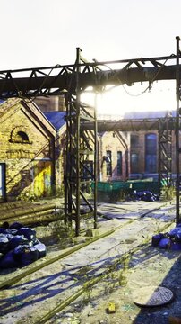 The scene shows an abandoned factory with broken structures. Overgrown plants fill the space, and trash is scattered around. Sunlight shines through the ruins, creating shadows on the ground.