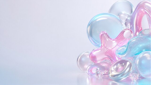 Abstract composition of iridescent glass spheres and jelly shapes. Y2k aesthetic 3d wallpaper with pastel gradients. Futuristic background with soft glossy blobs for digital design