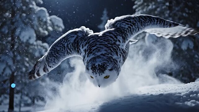 Majestic Snowy Owl Takes Flight in Enchanted Winter Forest.