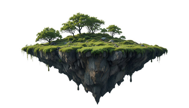 Floating Island with Rocky Cliff and Green Moss isolated on transparent background