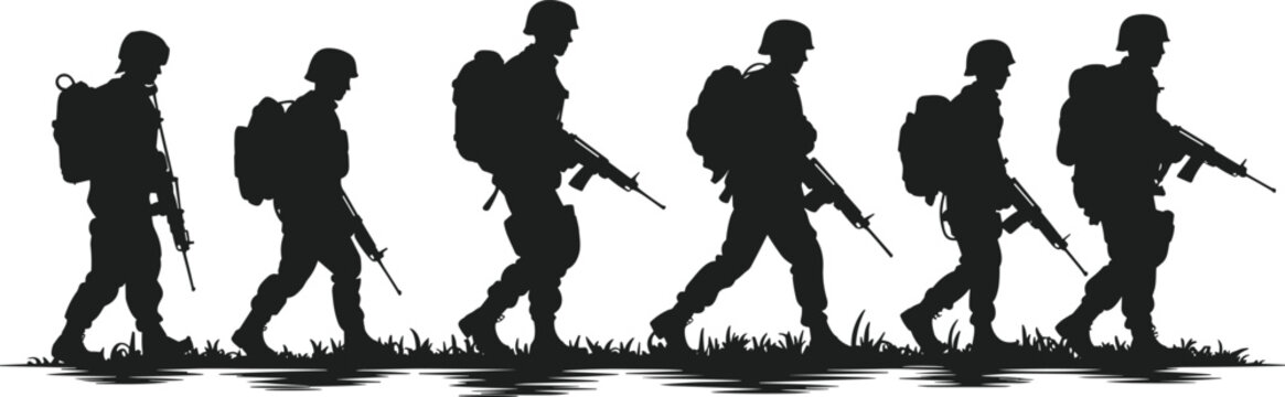 Soldier silhouettes walking with rifles, military personnel in line, helmets and backpacks, synchronized movement, discipline teamwork, army illustration design
