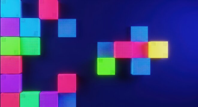 A vibrant digital background featuring distinct square elements, reminiscent of vintage computing graphics and retro platform video games, geometric, computing, monitor