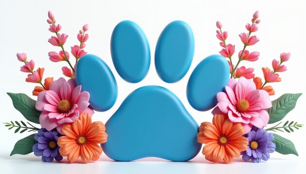 Stylized blue paw print design with colorful pastel flowers and green leaves. Clean white background for easy use. Great for pet care logos or spring themes.