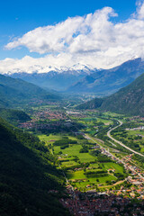 Fototapeta premium Panoramic view of the Susa Valley marked by the A32 motorway (Autostrada del Frejus) from the Sacra di San Michele abbey perched on Mount Pirchiriano