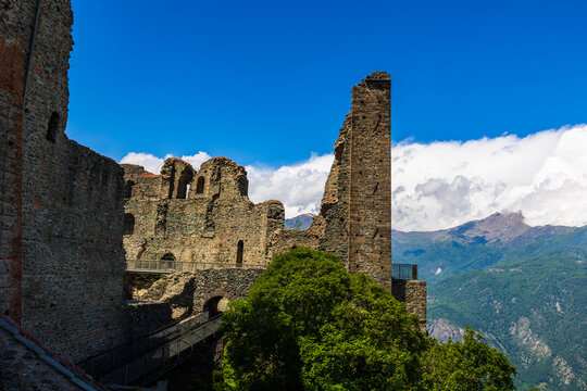 Ruins of the new monastery adjoining the Sacra di San Michele abbey complex perched on Mount Pirchiriano in the Susa Valley