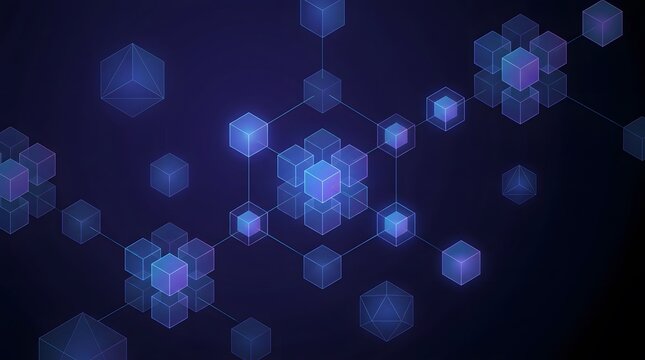 Abstract futuristic digital network of glowing blue cubes and connections on dark background