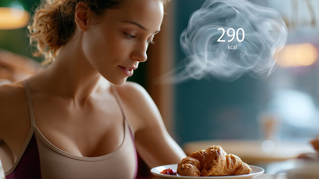 Eine junge Frau schaut nachdenklich auf ein Croissant, &uuml;ber dem eine Gedankenwolke mit &bdquo;290 kcal" schwebt.