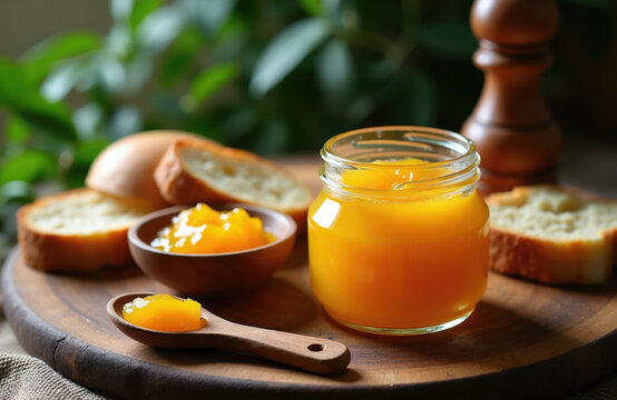Homemade bright orange mango marmalade in glass jar with bread slices on wooden board. Spoon holds sweet fruit spread. Simple rustic breakfast, natural food preparation.