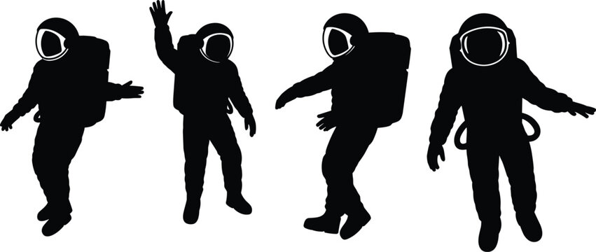 Collection of astronaut silhouettes, space suit figures, floating in zero gravity, human space exploration, outer space illustration, cosmic adventure design