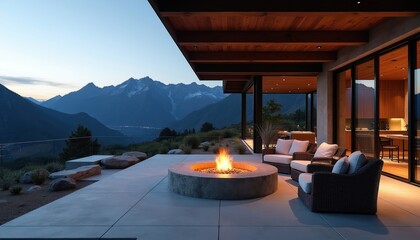 Obraz premium Modern patio with fire pit and seating overlooks mountain valley at twilight. Comfortable outdoor living space offers luxury relaxation with scenic sunset and natural ambiance.