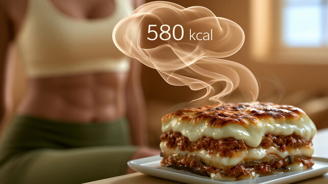 Eine Frau beugt sich &uuml;ber ein St&uuml;ck Lasagne, w&auml;hrend eine Gedankenwolke mit &bdquo;580 kcal" aufsteigt.