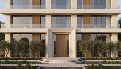 Fototapeta premium Beige stone building entrance showcases symmetrical balconies with glass railings and wood accents near olive trees and small water features