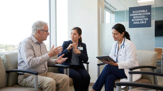 Elderly man discussing health issues with doctor and woman interpreter. Woman doctor taking notes. Accessible communication services for elderly patient care