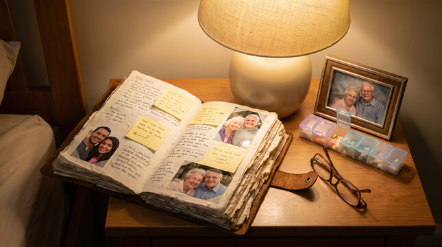 Worn open scrapbook with handwritten notes and photos of a man and woman on a bedside table next to a lamp, pill organizer and glasses. Memory loss concept for elderly care