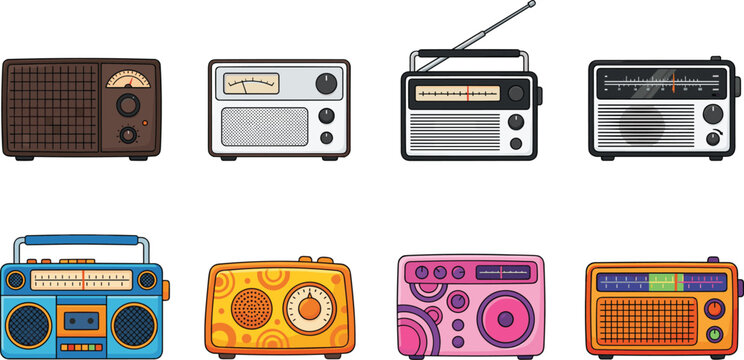 Retro Vintage Radio Set Collection Classic Antique Boombox FM Music Player Flat Vector Illustration Icon Design