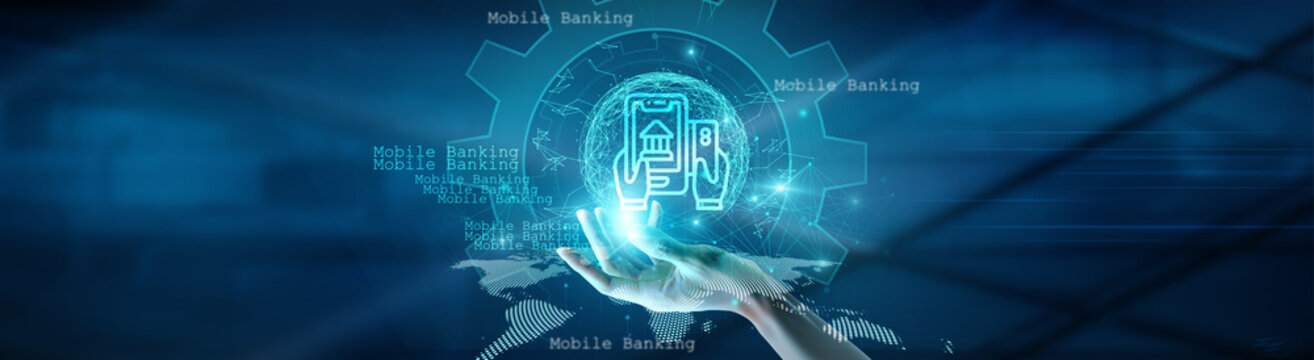 Hand holding global network connection on mobile banking, demonstrating technology and futuristic advancements in financial services, highlighting secure transactions and global reach.