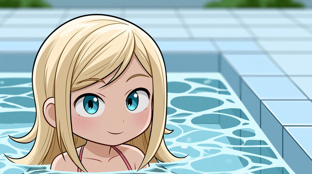 Gezeichnete blonde Figur schwimmt in gr&uuml;n-blauem Wasser mit freundlichem Ausdruck.