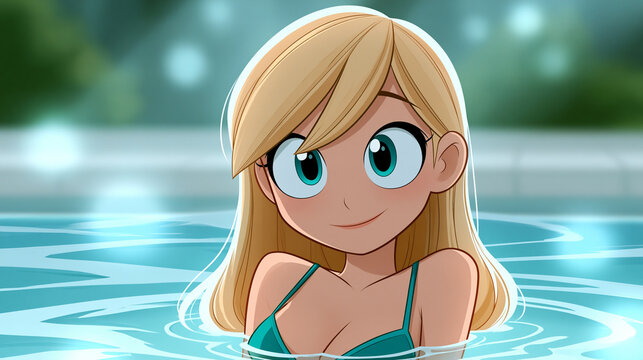 Gezeichnete blonde Figur schwimmt in gr&uuml;n-blauem Wasser mit freundlichem Ausdruck.