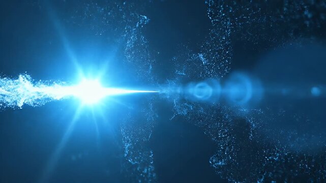 Abstract blue light beams converge and explode into particles on black