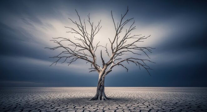 A solitary, dead tree stands starkly against a bleak sky, symbolizing economic hardship, struggle, and the pervasive nature of poverty and lack of resources, economic, environment, scarcity