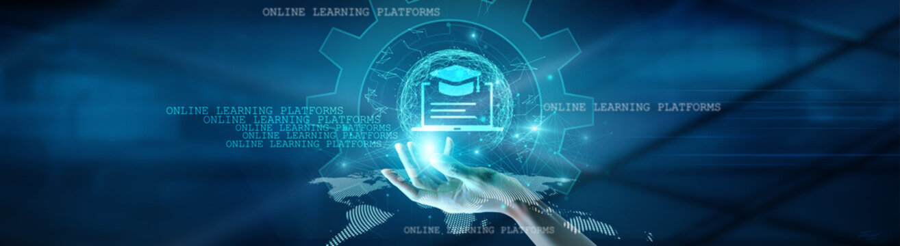 Hand holding global network connection on online learning platforms, virtual classrooms, distance education, e-learning tools, digital resources, technology, and futuristic innovations in education.